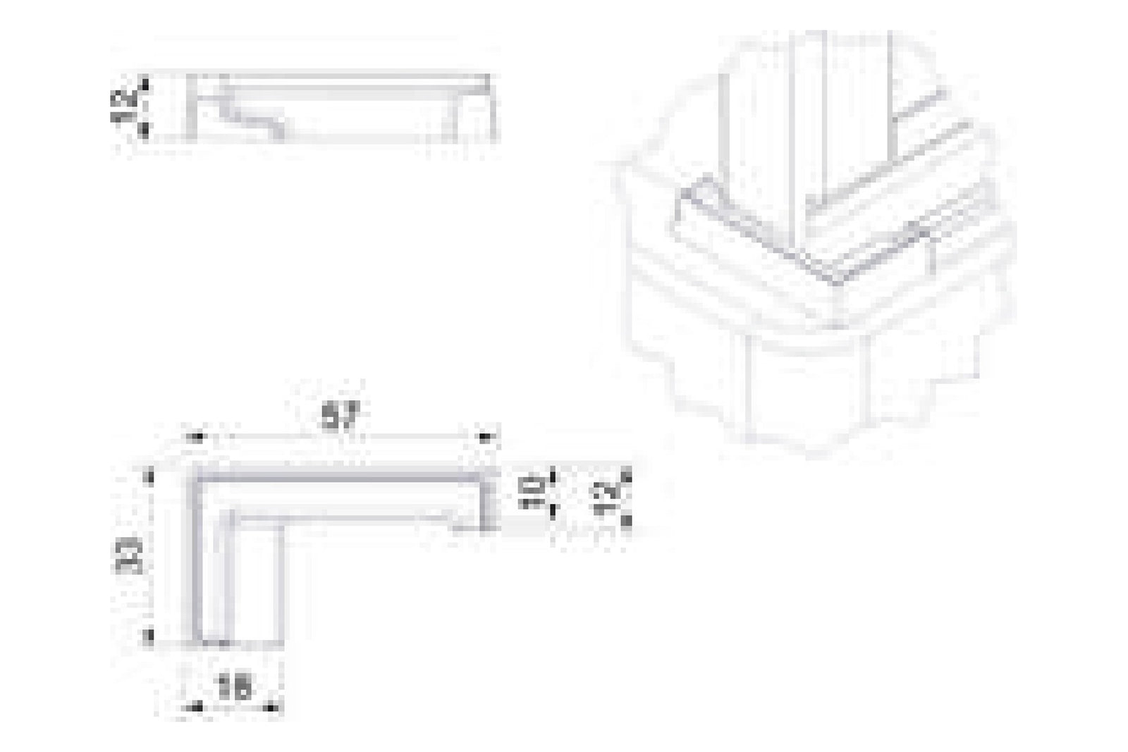 Maßzeichnung Endkappe lang links, Grundriss 57 x 33 mm, Schenkelbreite 18 mm, Höhe 12 mm