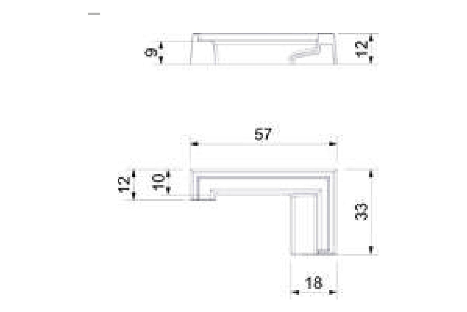 Maßzeichnung Endkappe lang rechts, Grundriss 57 x 33 mm, Schenkelbreite 18 mm, Höhe 12 mm