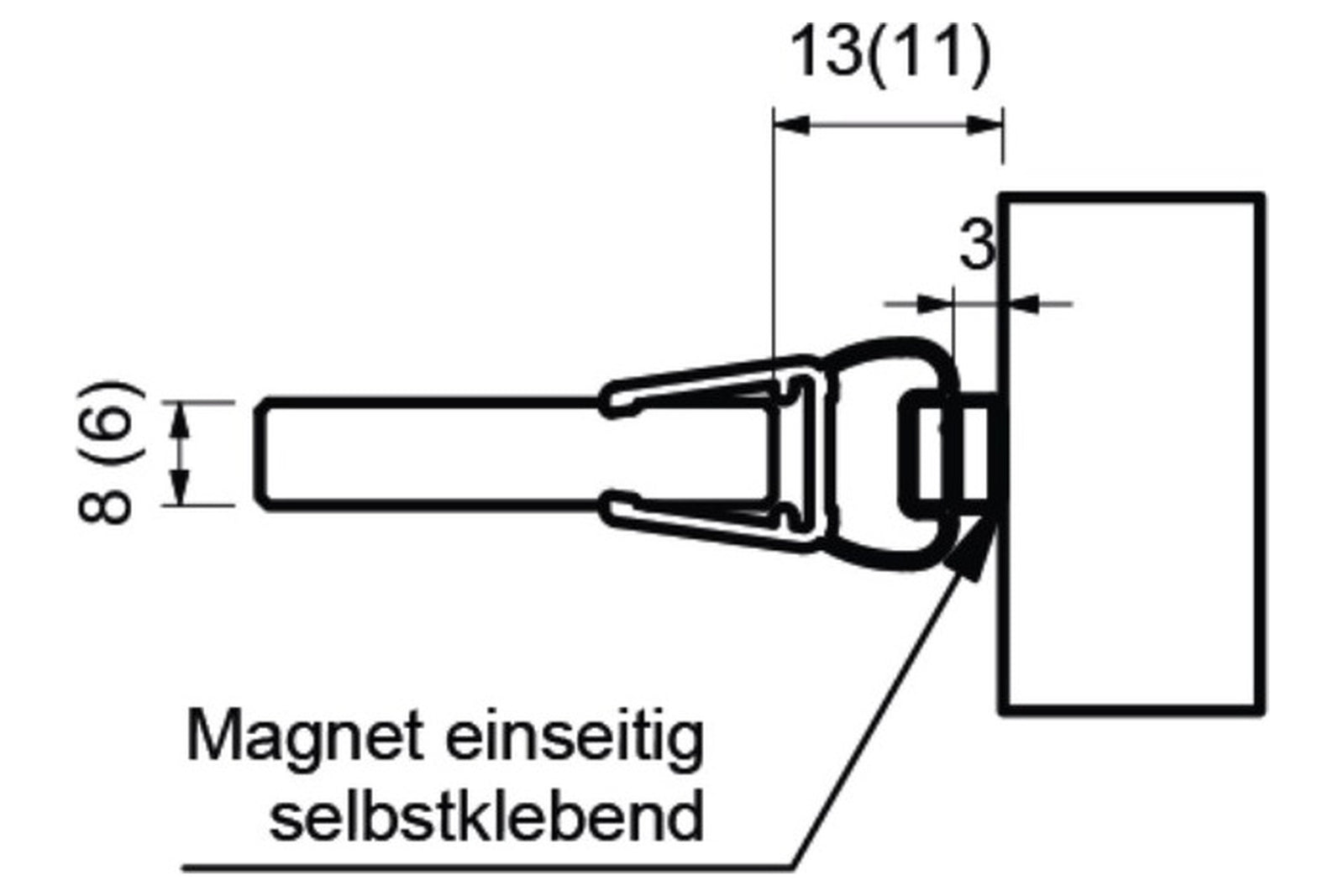 Maßzeichnung Magnetstreifendichtung 52091400: Spaltmaß 13 mm bei 8 mm Glas, 11 mm bei 6 mm Glas, Magnetstreifen 3 mm