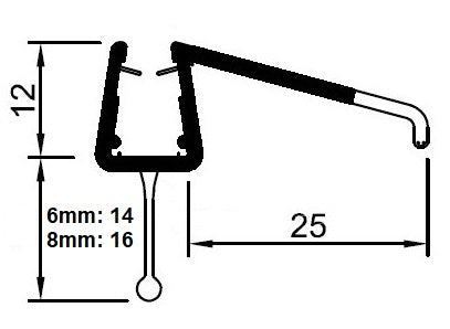 Duschdichtung mit 25 mm Dächlein und Schleiflippe – Für 6 oder 8 mm Glas, Lücken 14-17 mm – Art.Nr. 5325