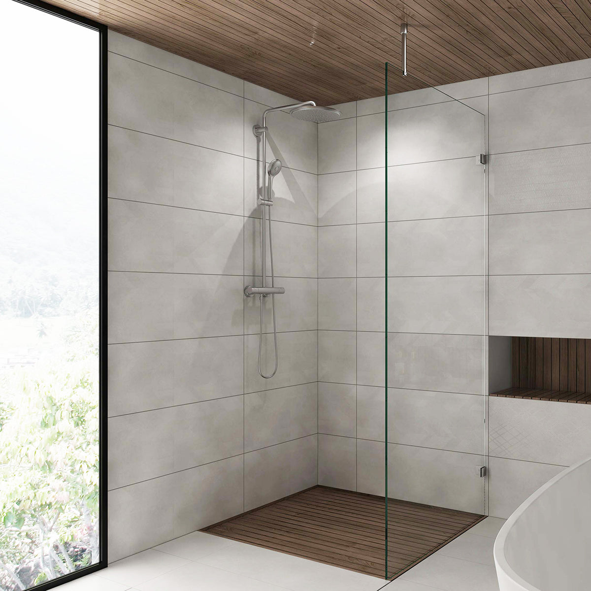 Walk-In-Dusche mit Stabistangen-Set Glas-Decke vertikal in der Badübersicht