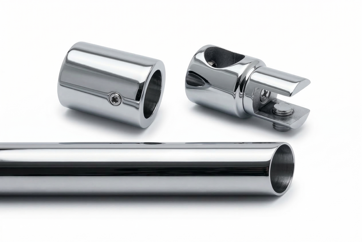 Edelstahl Stabistangen-Set Glas-Wand 90° – Ø 19 mm, maximale Stabilität für 6-10 mm Glas – Art.Nr. 601820