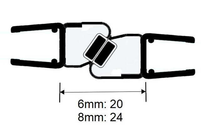 Magnetdichtungspaar 180 (2x 67,5°) mit 67° schrägem Magnetstreifen – Für 6 oder 8 mm Glas – Art.Nr. 6052/6062
