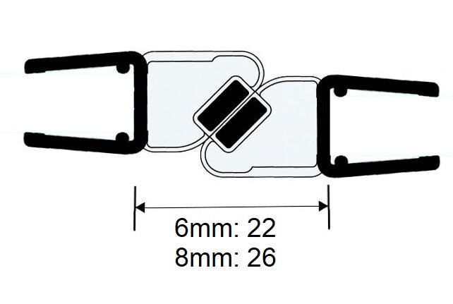 Magnetdichtungspaar 180° fluchtend mit 45° schrägem Magnetstreifen – Für 6, 8 oder 10 mm Glas – Art.Nr. 6072/6082