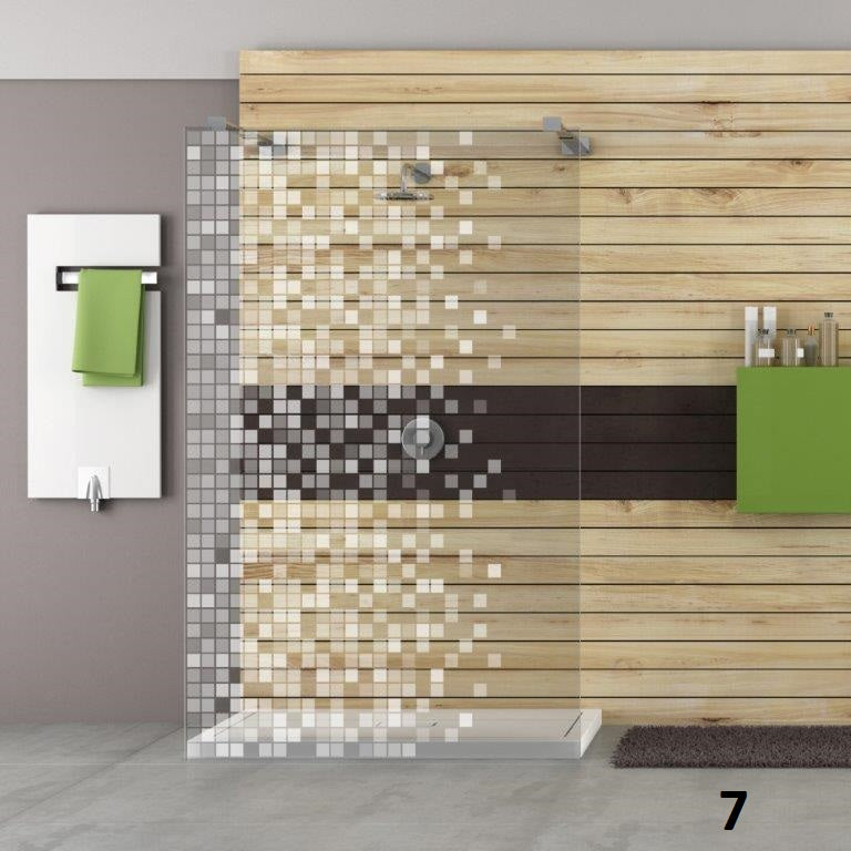 Pixel-Mosaik als Lasergravur auf einer Glasduschwand aus ESG