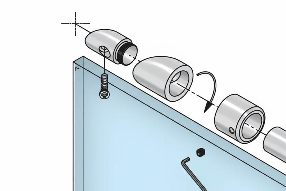 Stabistangen-Set Glas-Wand 45° – Edelstahl, 19 mm Rohr, 250 mm oder 1000 mm, für 6-10 mm Glas