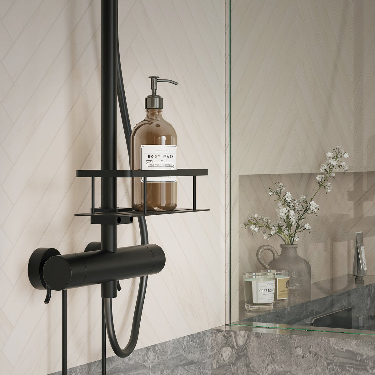 Smedbo Sideline Duschkorb, 250 × 100 mm für Brausestange Ø 18–25 mm, Schwarz matt, Ansicht 2