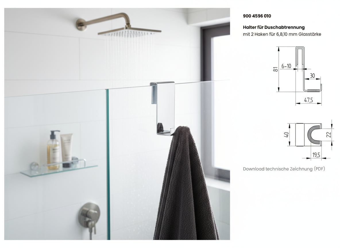 Halter für Duschabtrennung mit 2 Haken – passend für 6, 8 und 10 mm Glas