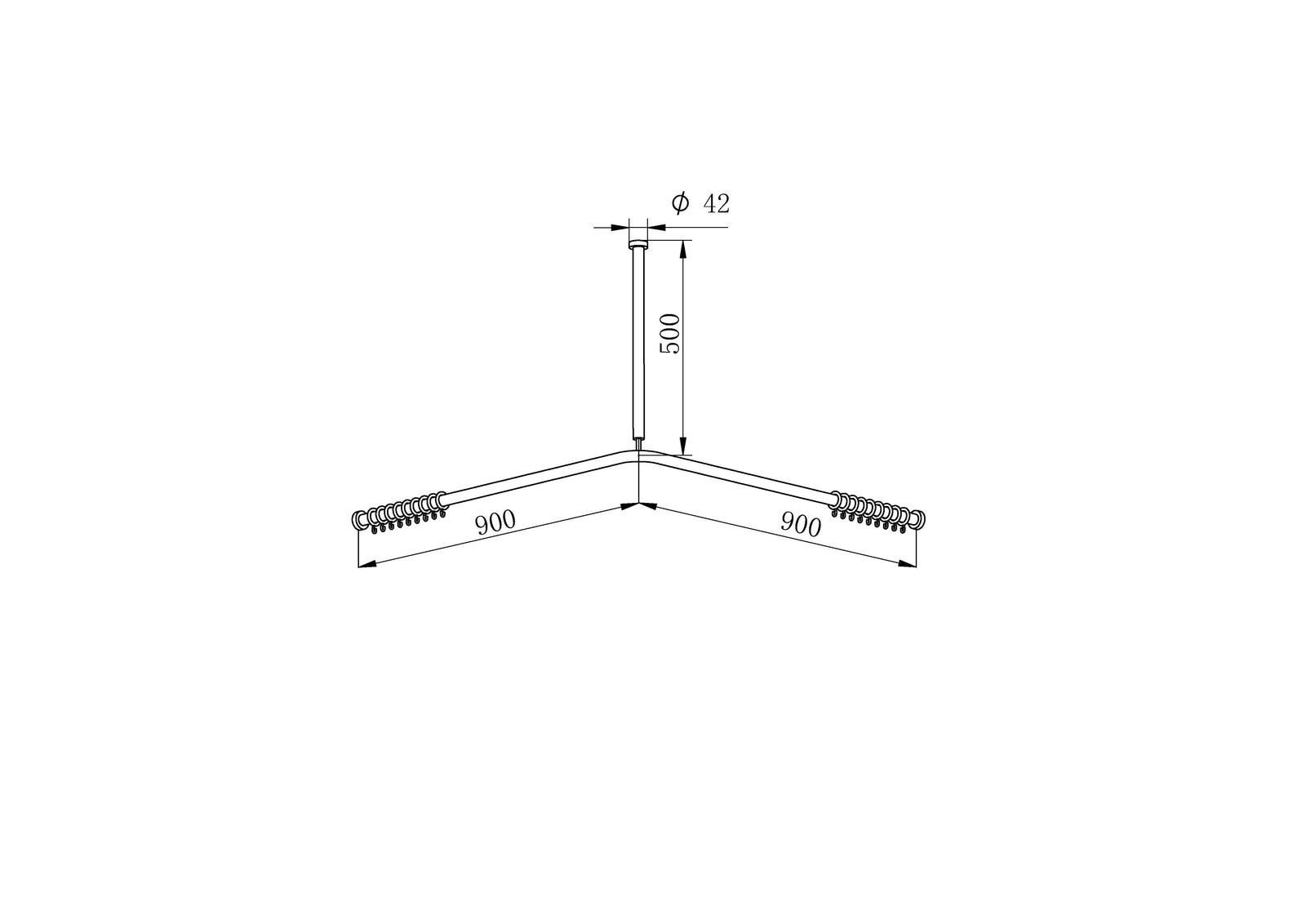 Technische Zeichnung Duschvorhangstange L-Form 90 × 90 cm mit Deckenstütze 500 mm