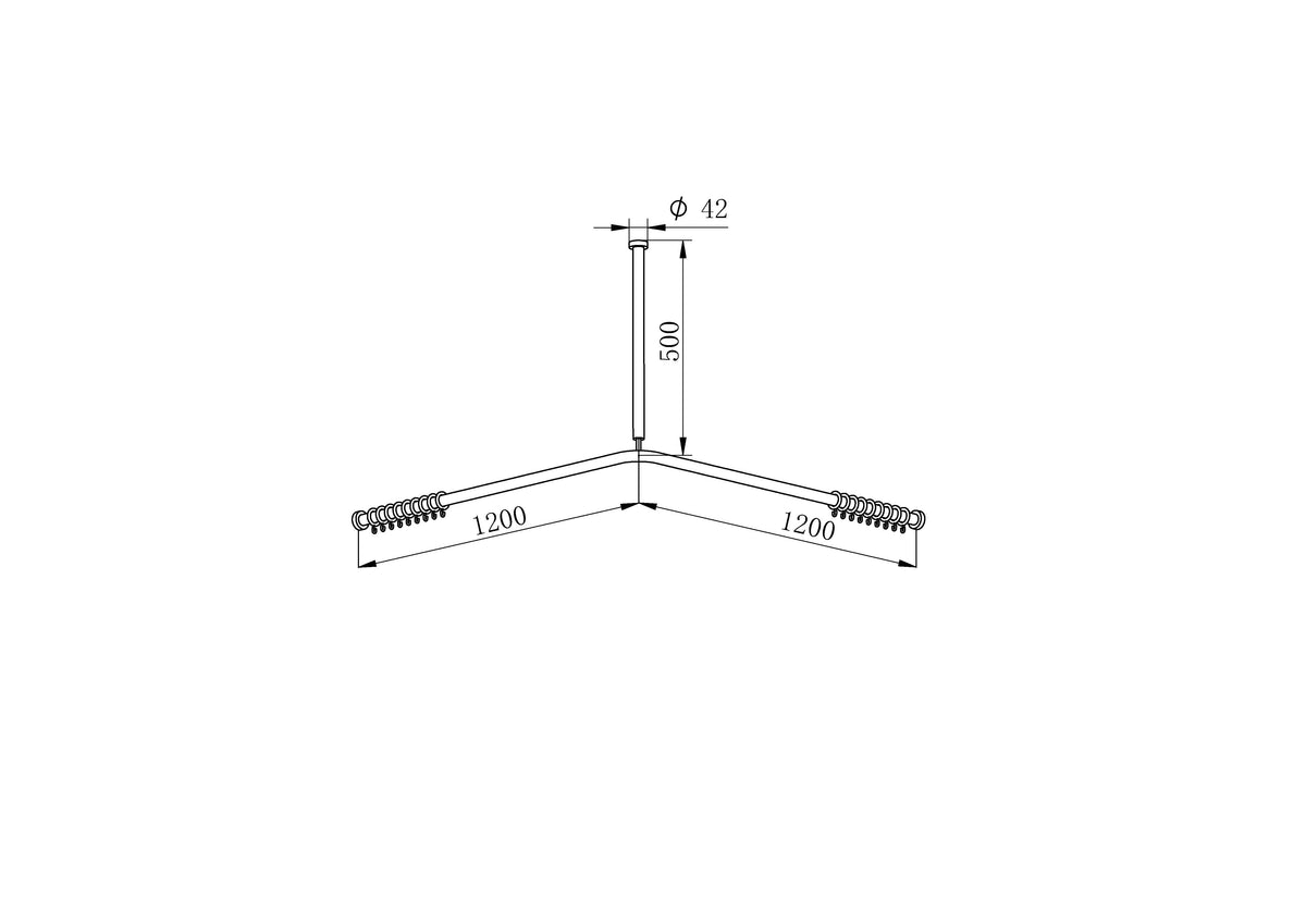 Technische Zeichnung Duschvorhangstange L-Form 120 × 120 cm mit Deckenstütze 500 mm