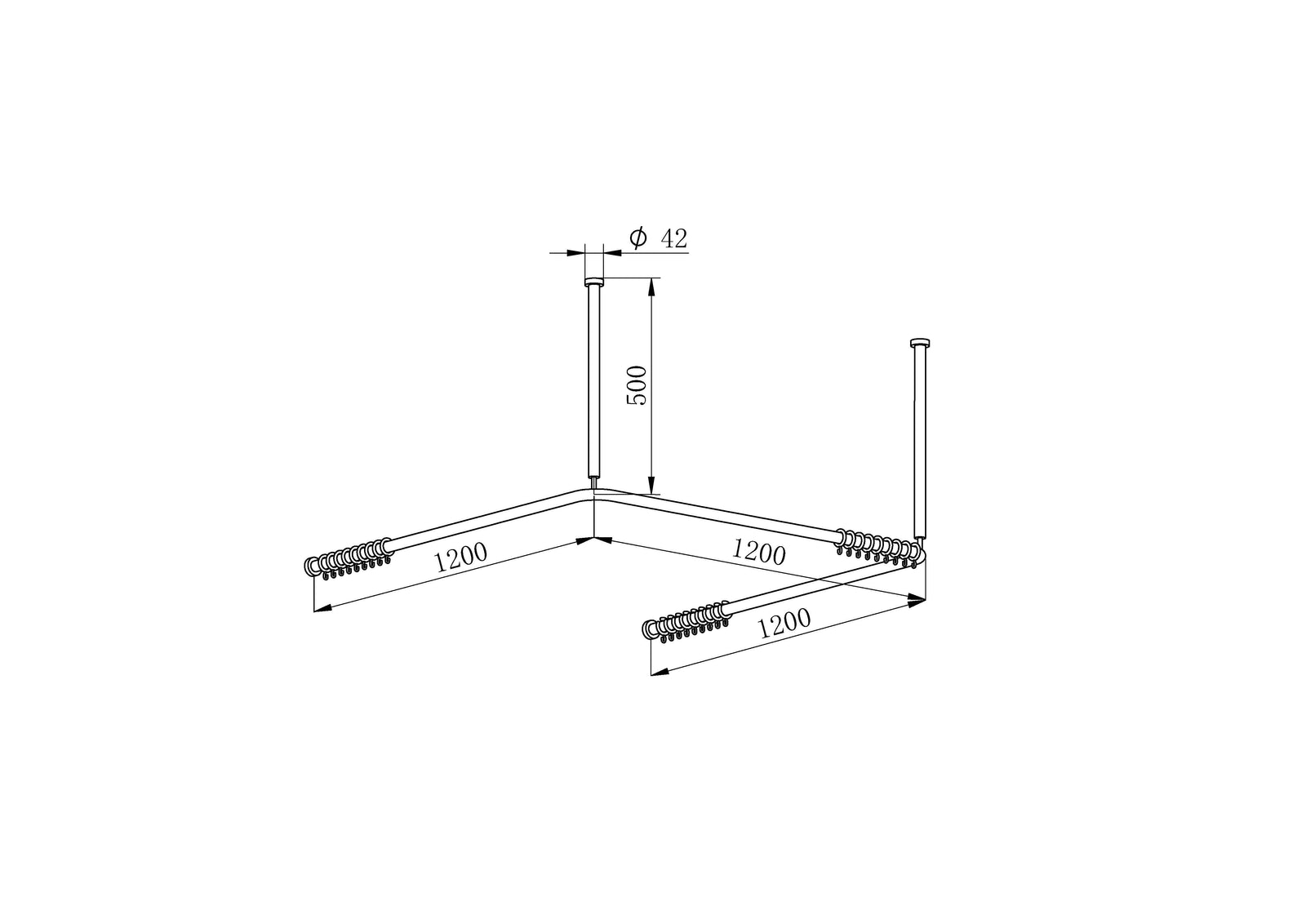 Technische Zeichnung Duschvorhangstange U-Form 120 × 120 × 120 cm mit Deckenstützen 500 mm