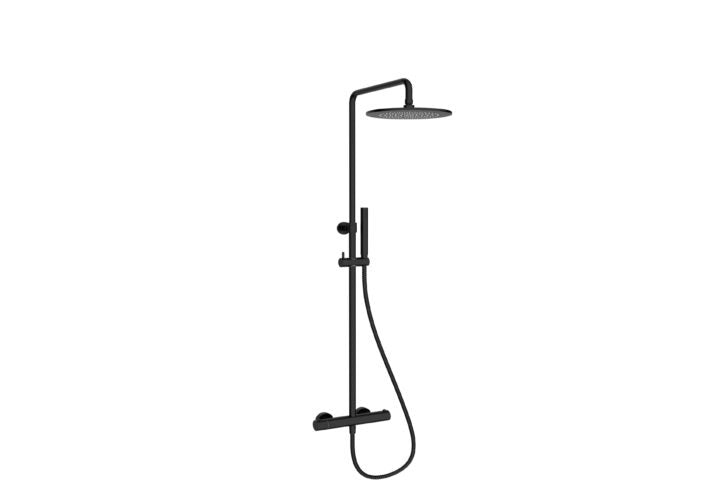 Brause-Set mit Thermostat-Mischbatterie, Regenbrause 250 mm und Stab-Handbrause in Schwarz matt