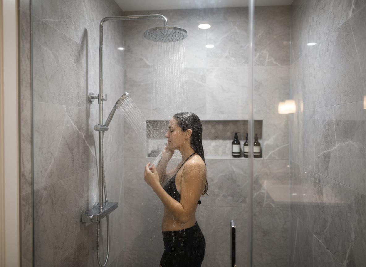 Brause-Set Chrom mit Thermostat – XXL-Regenbrause Ø 250 mm, 3-fach Handbrause, Glasablage – Art.Nr. 900 6630 010