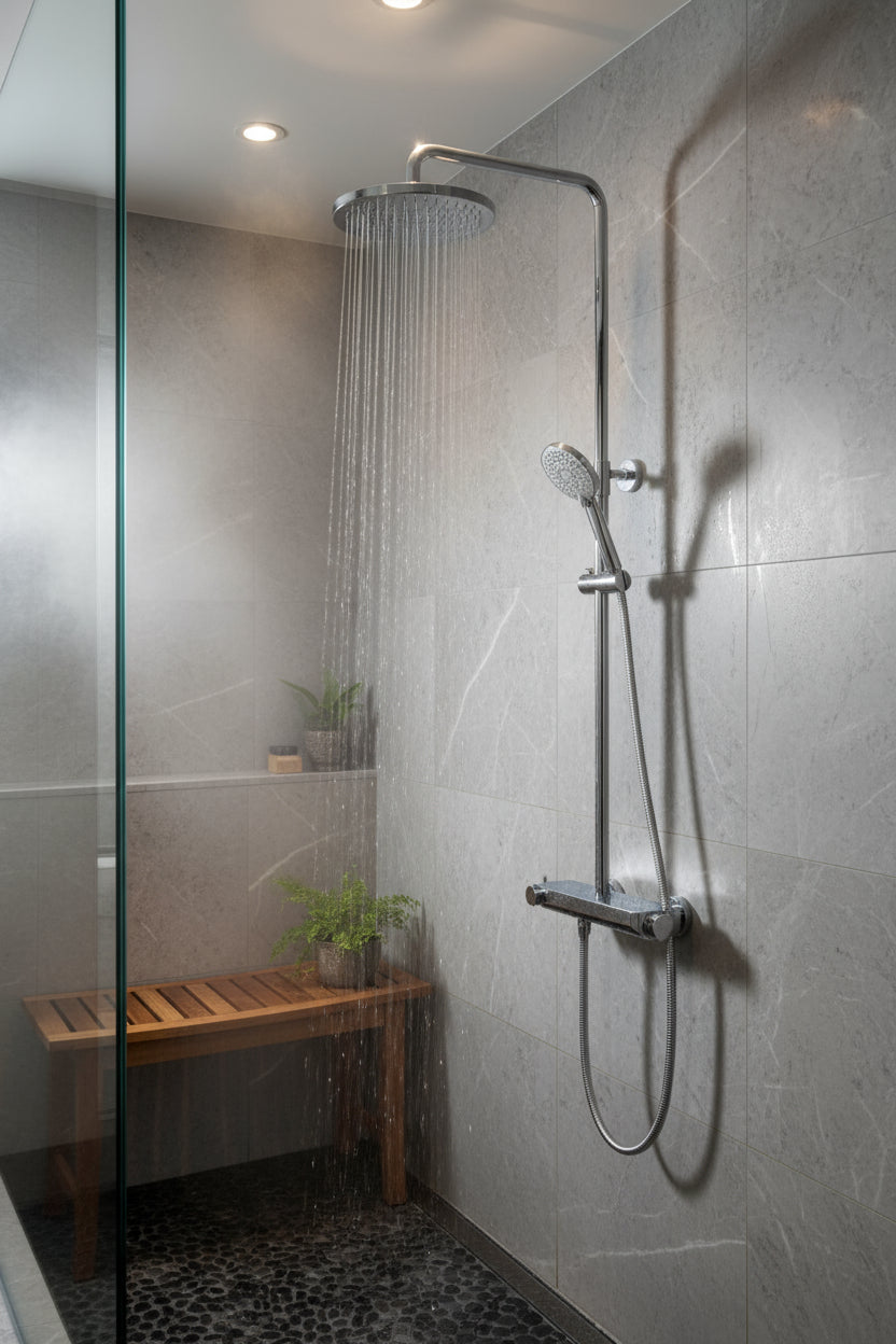 Brause-Set Chrom mit Thermostat – XXL-Regenbrause Ø 250 mm, 3-fach Handbrause, Glasablage – Art.Nr. 900 6630 010