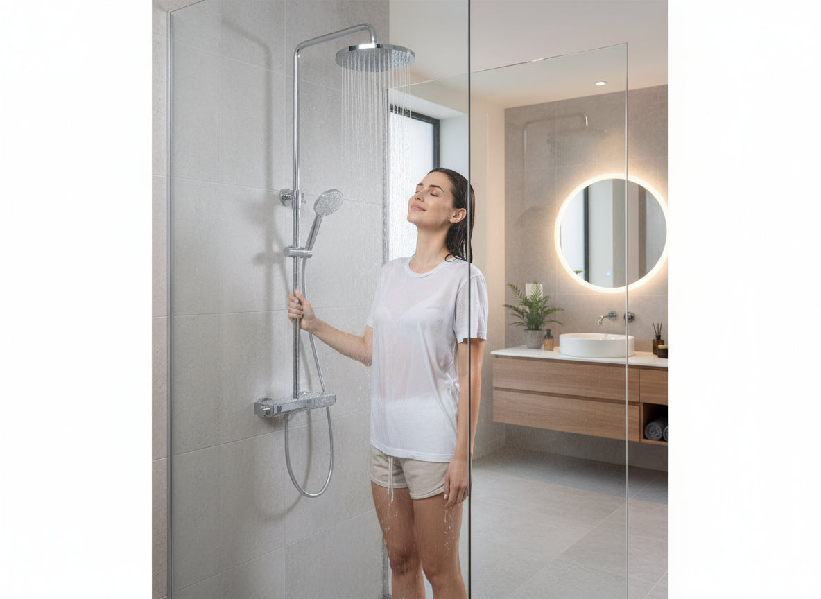 Brause-Set Chrom mit Thermostat – XXL-Regenbrause Ø 250 mm, 3-fach Handbrause, Glasablage – Art.Nr. 900 6630 010