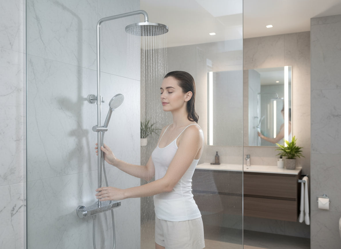 Brause-Set Chrom mit Thermostat – XXL-Regenbrause Ø 250 mm, 3-fach Handbrause, Glasablage – Art.Nr. 900 6630 010