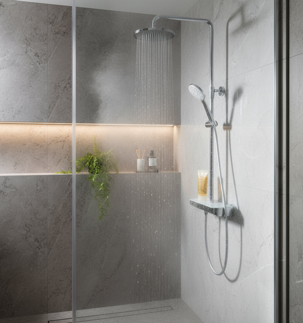 Brause-Set Chrom mit Thermostat – XXL-Regenbrause Ø 250 mm, 3-fach Handbrause, Glasablage – Art.Nr. 900 6630 010