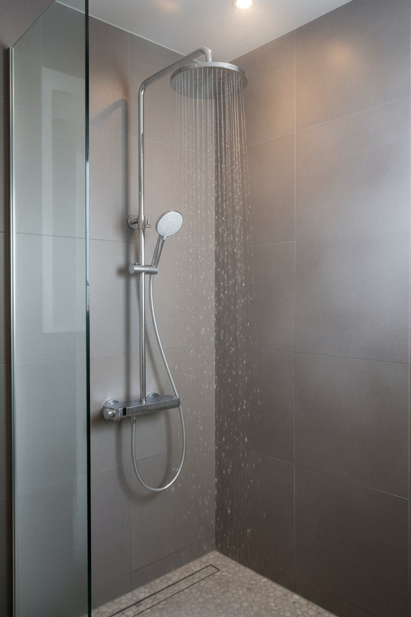 Brause-Set Chrom mit Thermostat – XXL-Regenbrause Ø 250 mm, 3-fach Handbrause, Glasablage – Art.Nr. 900 6630 010