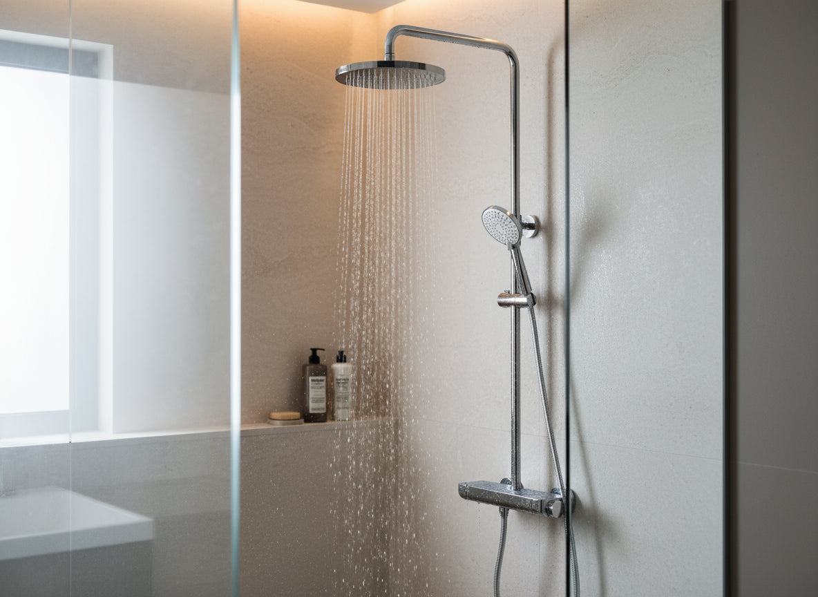 Brause-Set Chrom mit Thermostat – XXL-Regenbrause Ø 250 mm, 3-fach Handbrause, Glasablage – Art.Nr. 900 6630 010