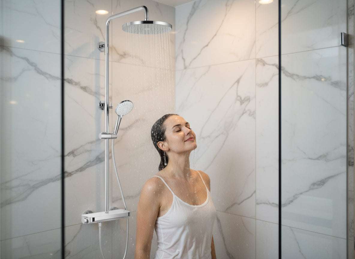 Brause-Set Chrom mit Thermostat – XXL-Regenbrause Ø 250 mm, 3-fach Handbrause, Glasablage – Art.Nr. 900 6630 010