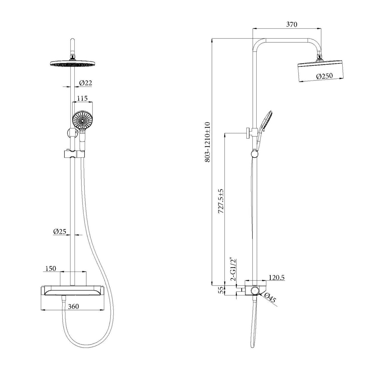 Brause-Set black mit Thermostat – XXL-Regenbrause Ø 250 mm, 3-fach Handbrause, Glasablage – Art.Nr. 900 6630 040