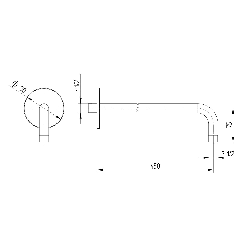 Technische Zeichnung Brausearm Wandmontage 450 mm, Rosette Ø 90 mm