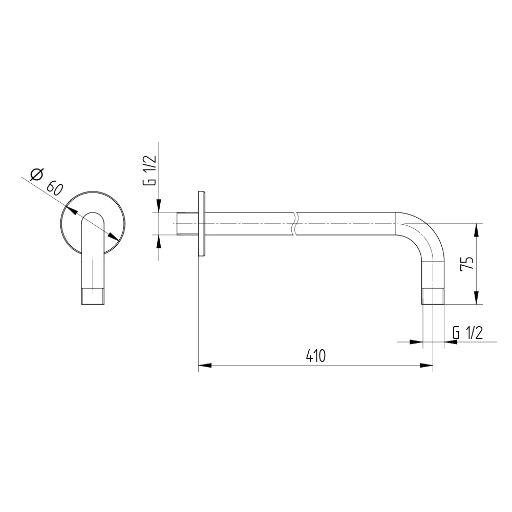 Technische Zeichnung Brausearm Wandmontage 410 mm, Rosette Ø 60 mm
