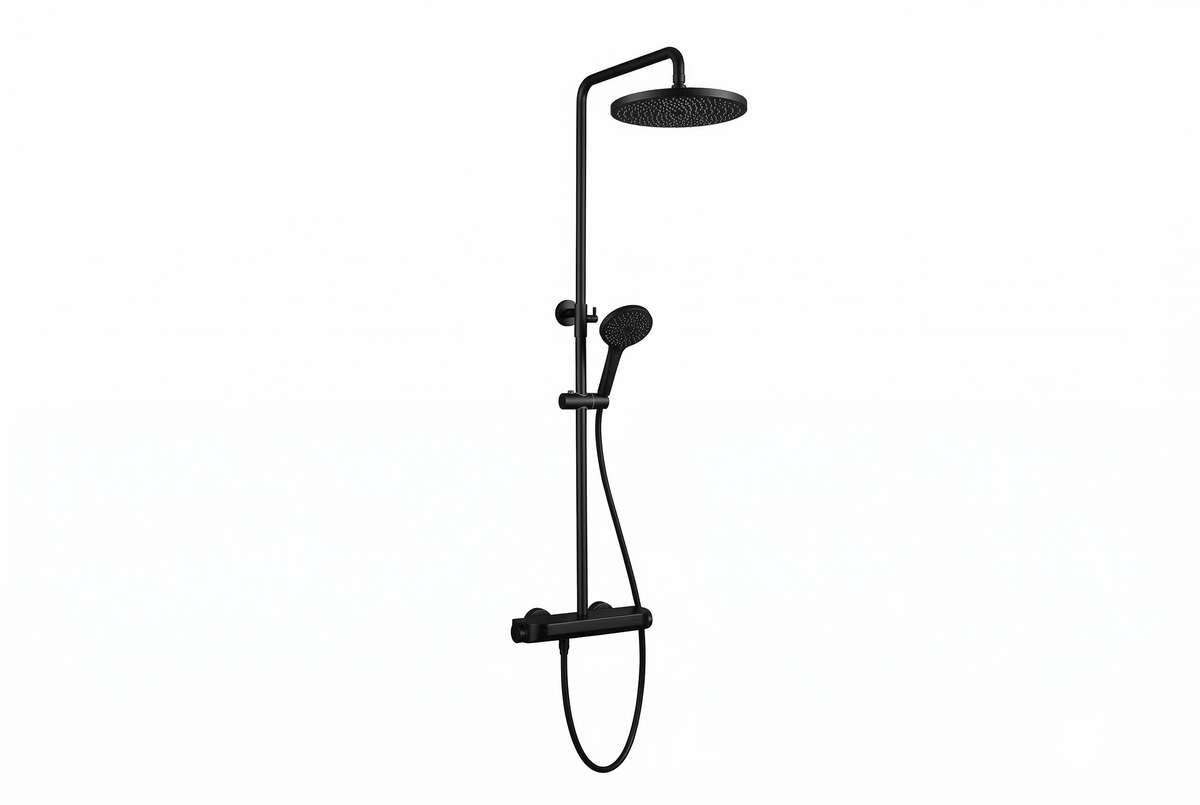 Brause-Set mit Thermostat-Mischbatterie – XXL-Regenbrause Ø 250 mm, 3-fach Handbrause, Glasablage – Schwarz matt oder Chrom