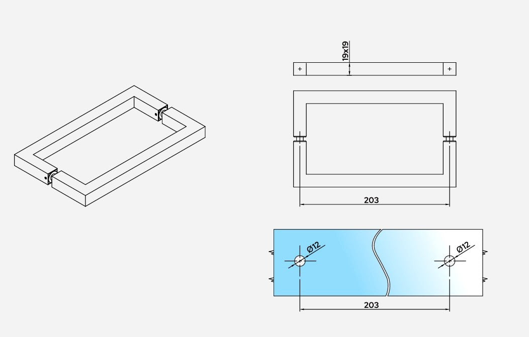 Duschgriff Stangengriff, 19 x 19 mm – Lochabstand 203 mm