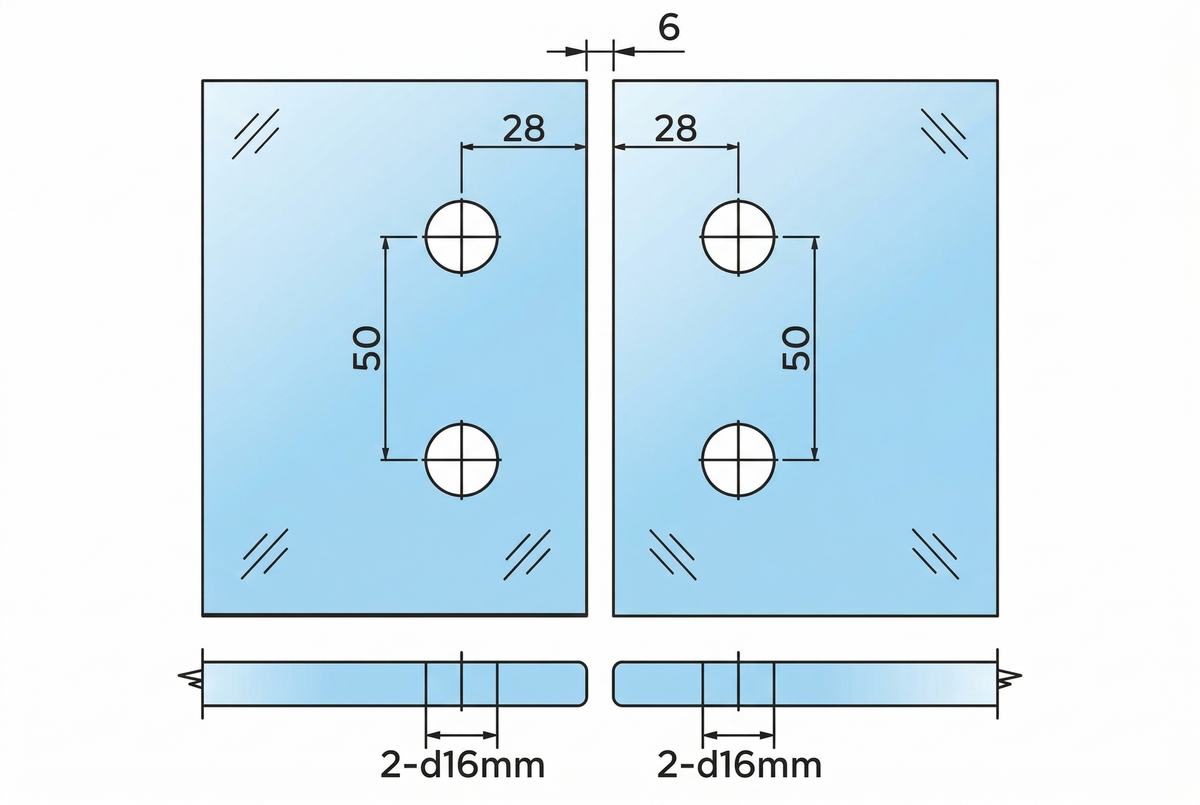 COMO Anschlagband 180° Glas-Glas – Messing massiv, 8/10 mm ESG, verdeckte Verschraubung, eckiges Design