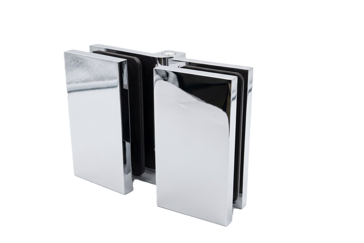 COMO Anschlagband 180° Glas-Glas – Messing massiv, 8/10 mm ESG, verdeckte Verschraubung, eckiges Design
