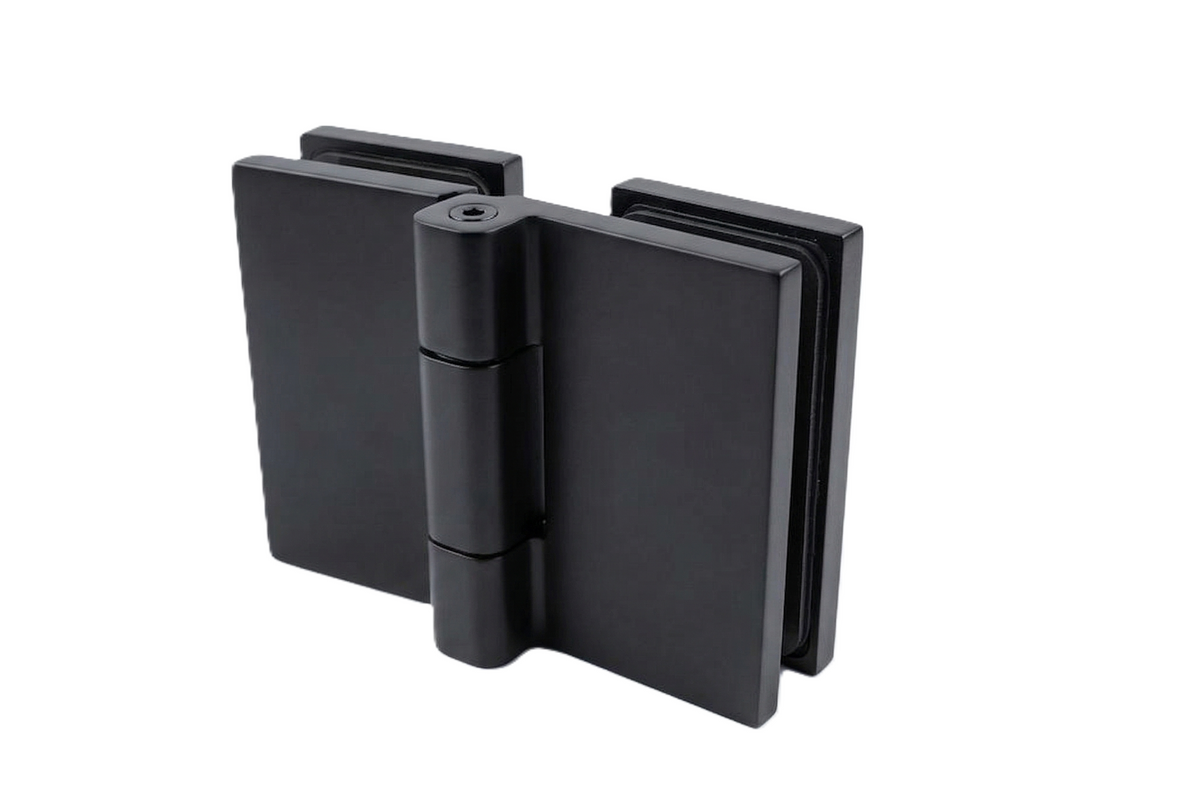 COMO Anschlagband 180° Glas-Glas – Messing massiv, 8/10 mm ESG, verdeckte Verschraubung, eckiges Design