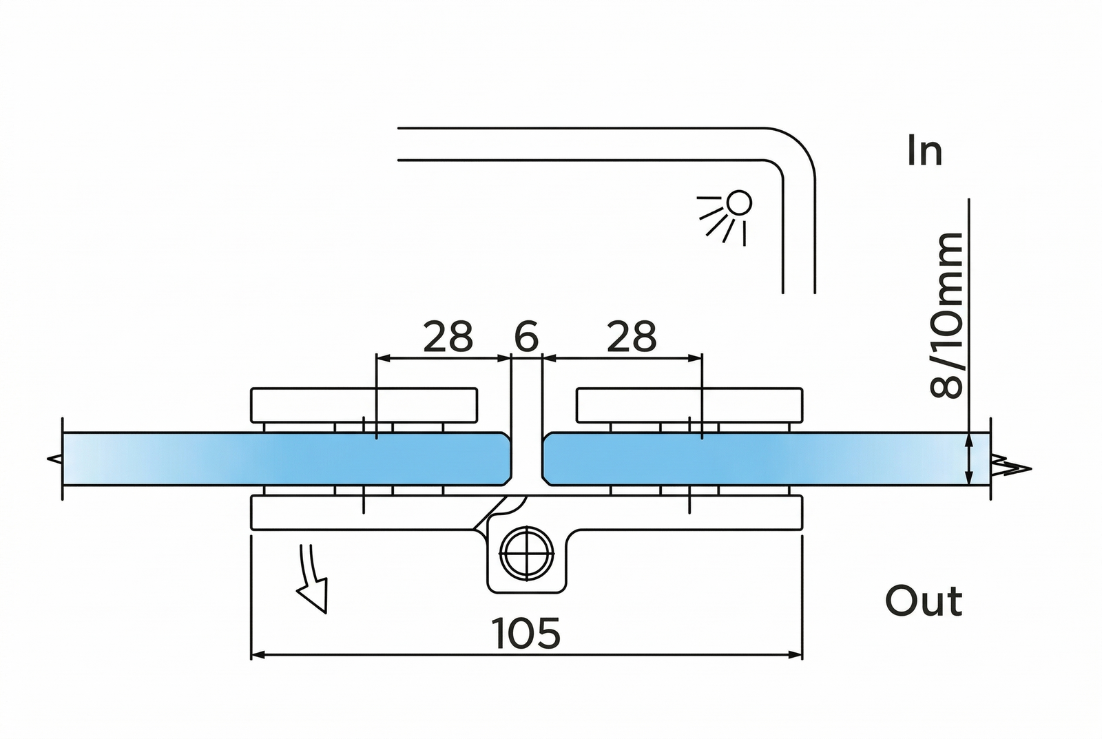 COMO Anschlagband 180° Glas-Glas – Messing massiv, 8/10 mm ESG, verdeckte Verschraubung, eckiges Design
