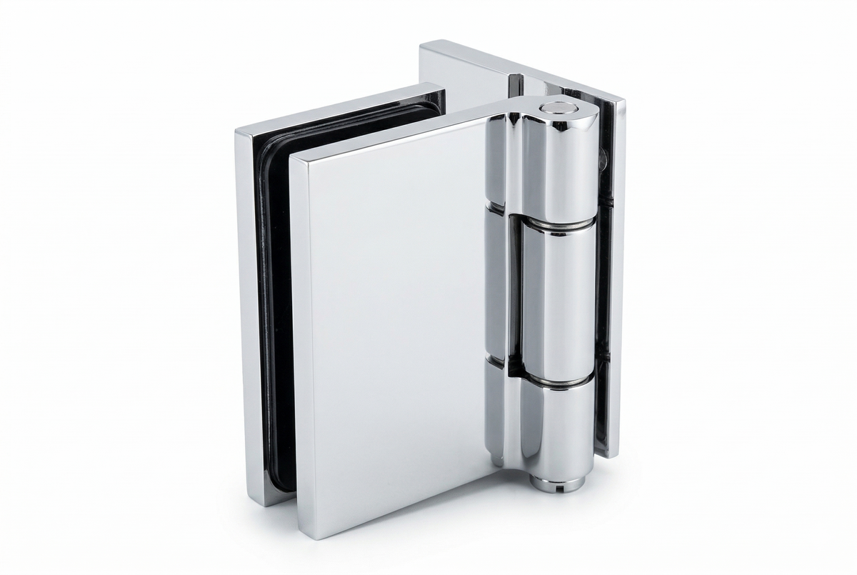 COMO Anschlagband 90° Glas-Wand – Messing massiv, 8/10 mm ESG, verdeckte Verschraubung, eckiges Design
