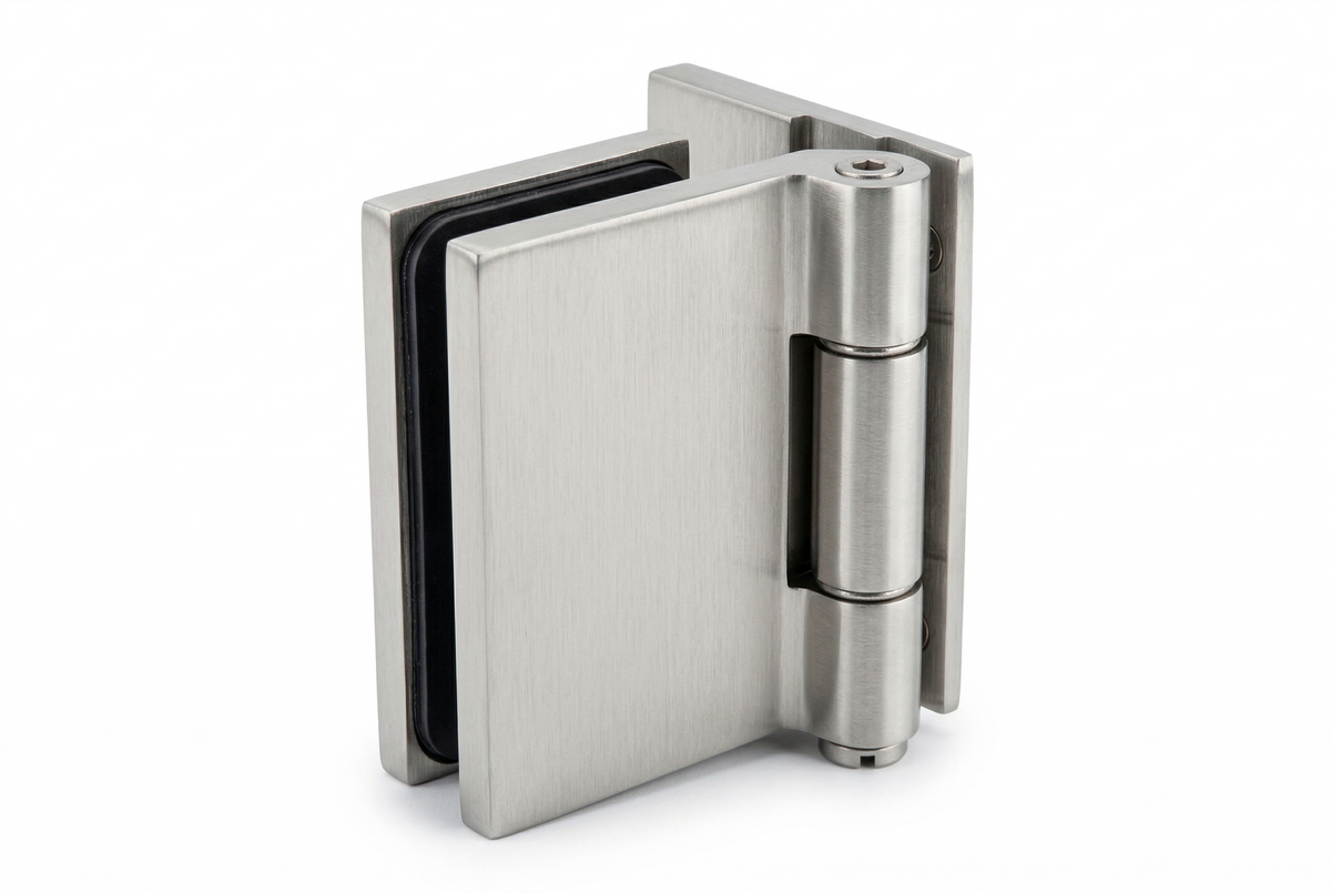 COMO Anschlagband 90° Glas-Wand – Messing massiv, 8/10 mm ESG, verdeckte Verschraubung, eckiges Design