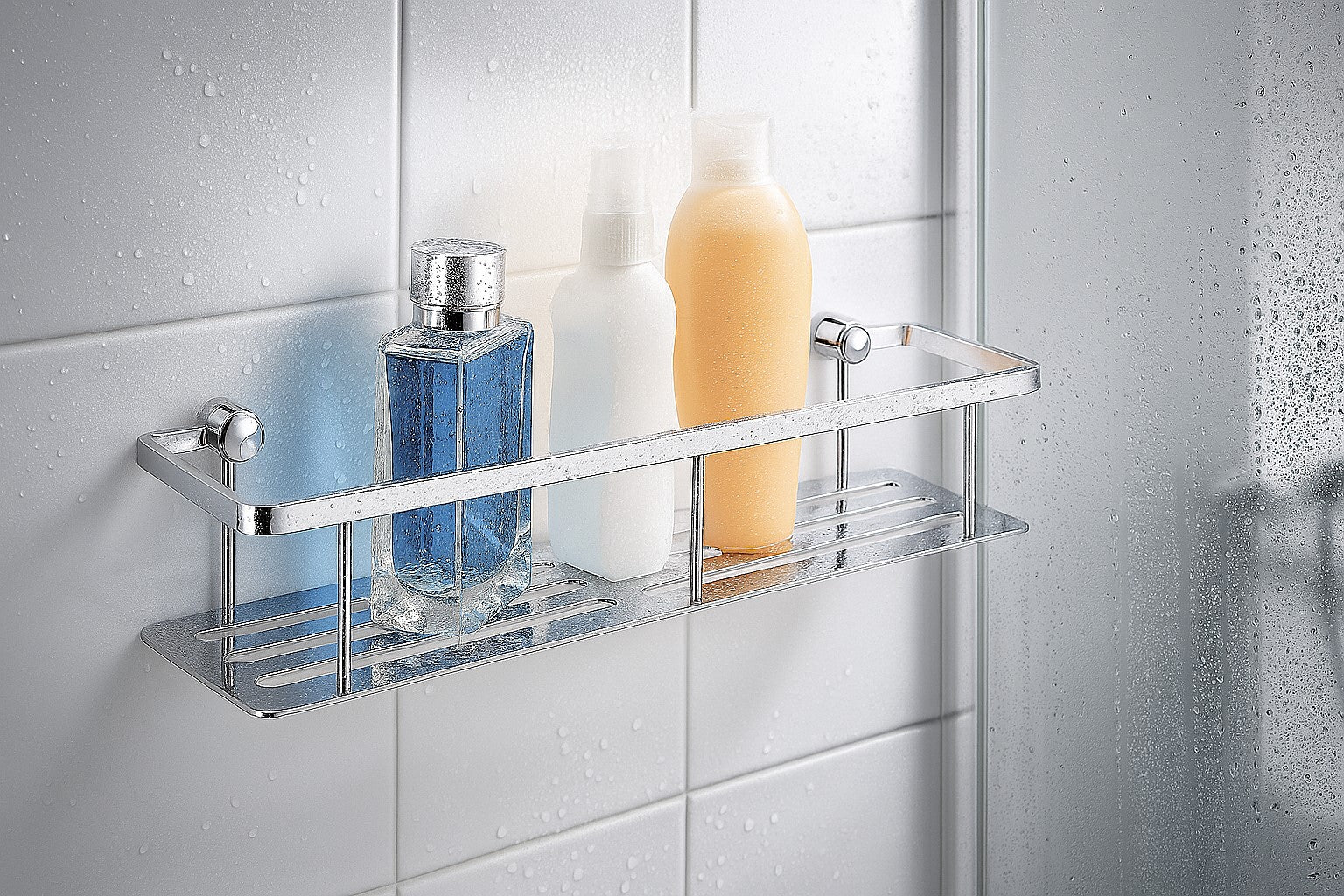 Design Seifenkorb mit Bodenplatte – 400 mm Breite, Chrom poliert