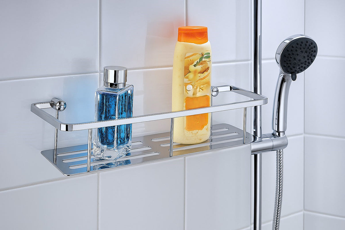 Design Seifenkorb mit Bodenplatte – 400 mm Breite, Chrom poliert