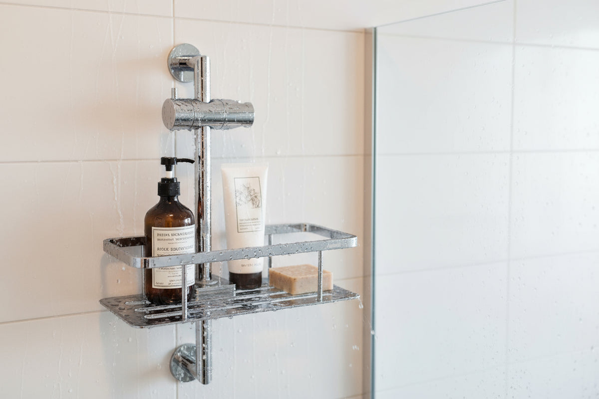 Duschkorb für Brausestange Ø 18/22/25 mm – Verchromtes Messing, bohrenfrei montierbar – Art.Nr. DK3006