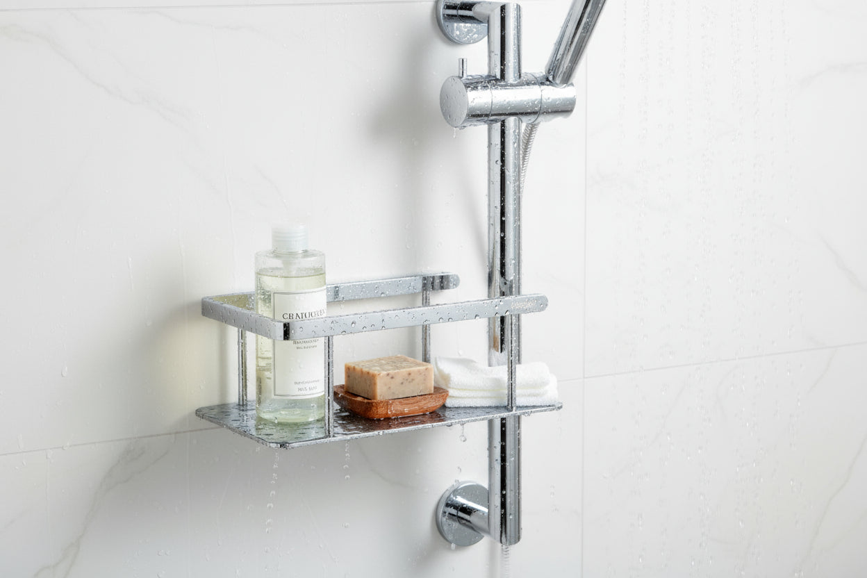 Duschkorb für Brausestange 200 x 110 mm – Massives Messing, Ø 18-25 mm, bohrenfrei – Art.Nr. DK3008