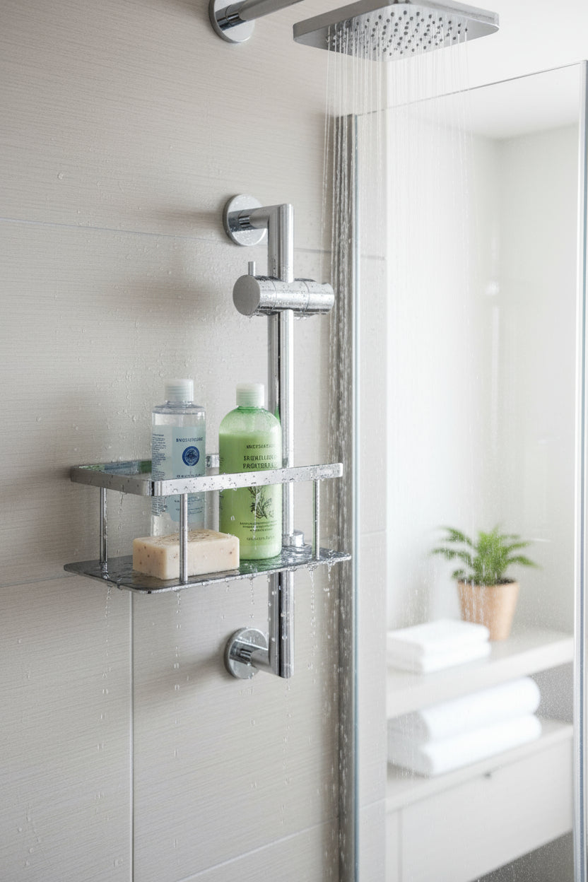 Duschkorb für Brausestange 200 x 110 mm – Massives Messing, Ø 18-25 mm, bohrenfrei – Art.Nr. DK3008