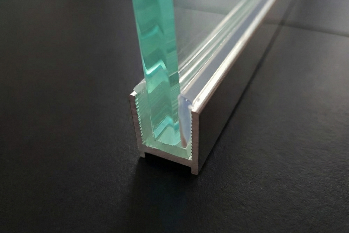 Alu U-Profil mit L-Vinyl und Kederstab, silikonfreie Befestigung für 8 oder 10 mm Glas – Art.Nr. DUC