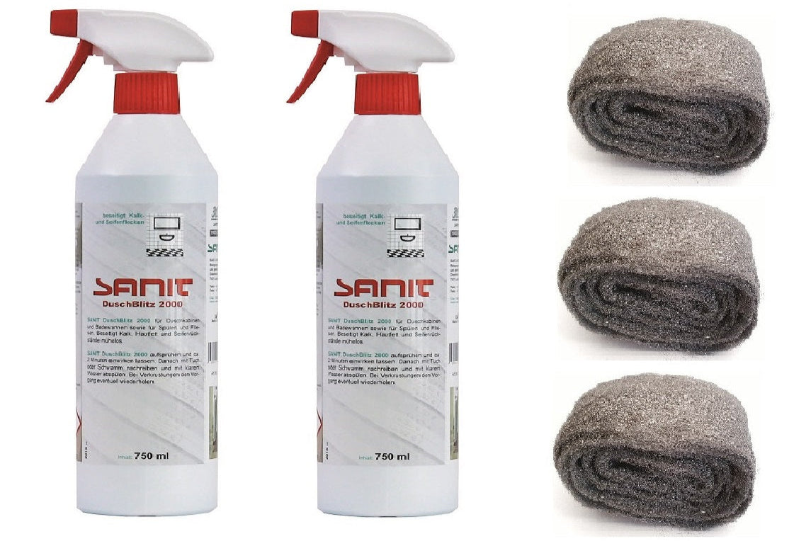 DuschBlitz Bundle, Doppelter Glanz für streifenfreie Duschen, 2x Duschblitz + 3m Stahlwolle 0000 für sauberes Duschglas