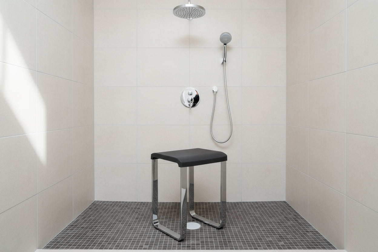 Smedbo LIVING Duschhocker FK406/FK416 – Aluminium verchromt, 48 cm Sitzhöhe – Weiß oder Grau