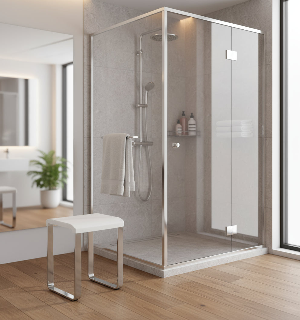 Smedbo LIVING Duschhocker FK406/FK416 – Aluminium verchromt, 48 cm Sitzhöhe – Weiß oder Grau