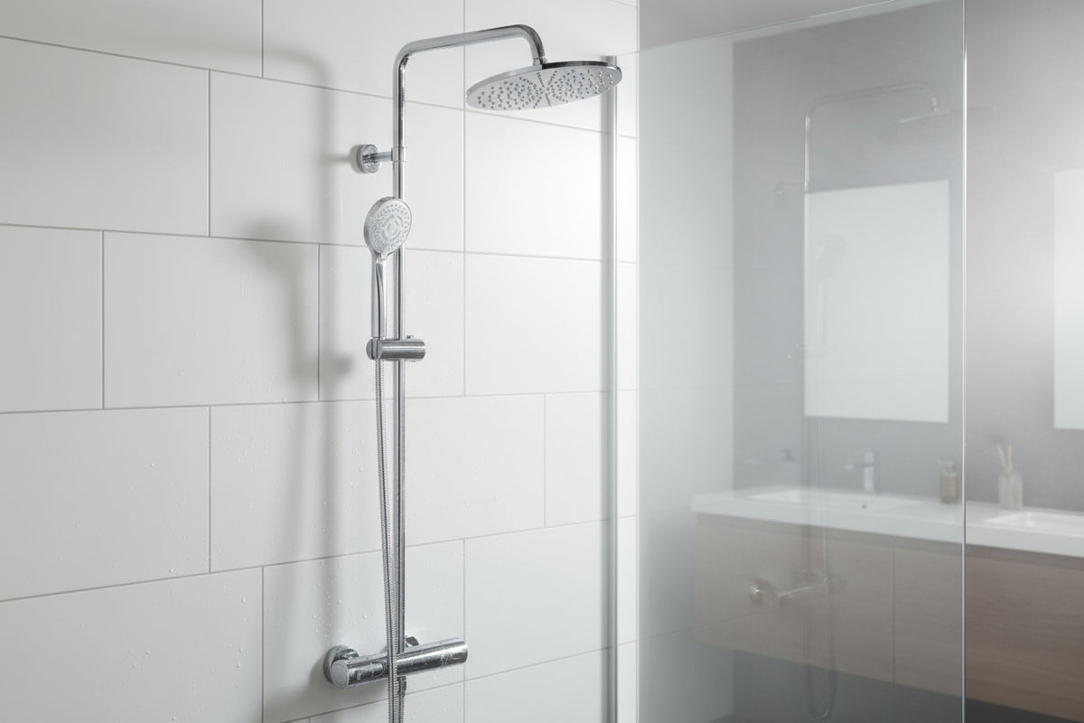 Vigour Duschsystem V1 mit Thermostat – Kopfbrause Ø 250 mm, 5-fach Handbrause, verchromt – Art.Nr. V1DS250R