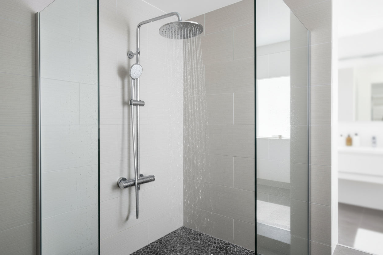 Vigour Duschsystem V1 mit Thermostat – Kopfbrause Ø 250 mm, 5-fach Handbrause, verchromt – Art.Nr. V1DS250R