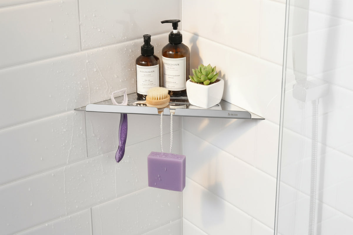 Smedbo Ablage für Duschecke aus Edelstahl, dreieckige Form für Einbau in Fliesenfugen, Chrom glanz oder Schwarz matt, Art.Nr. 3060