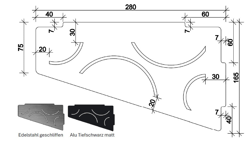 Duschablage Typ Deluxe 280 x 165 mm – Für Einarbeitung in Fliesenfugen, rostfrei