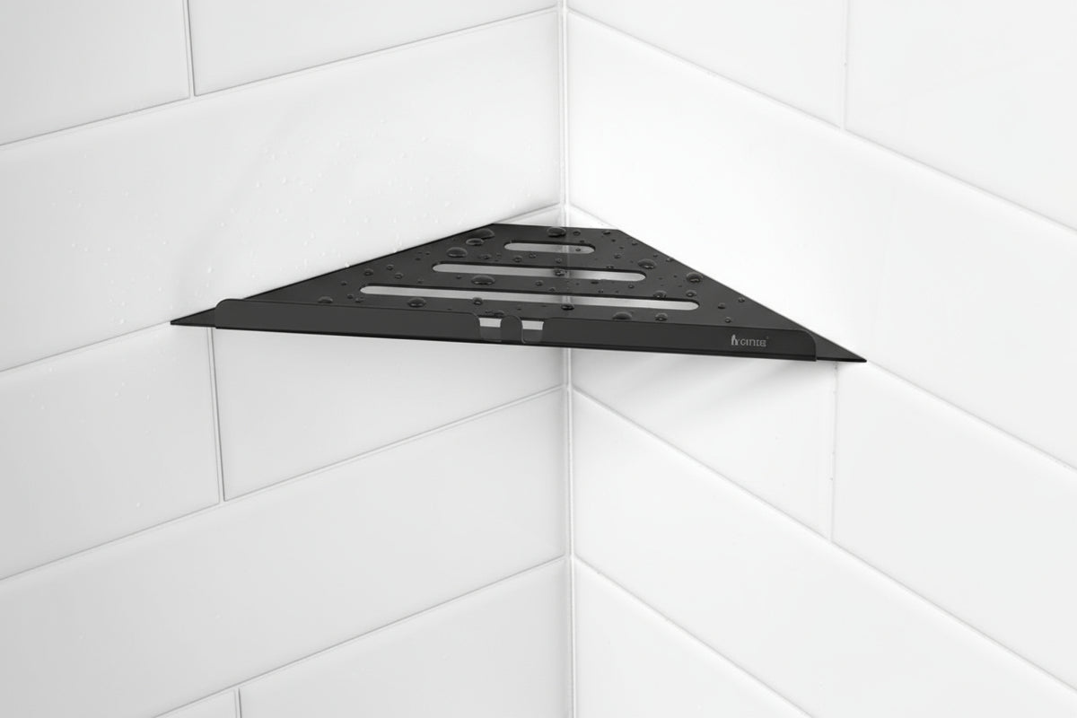 Smedbo Ablage für Duschecke aus Edelstahl, dreieckige Form für Einbau in Fliesenfugen, Chrom glanz oder Schwarz matt, Art.Nr. 3060