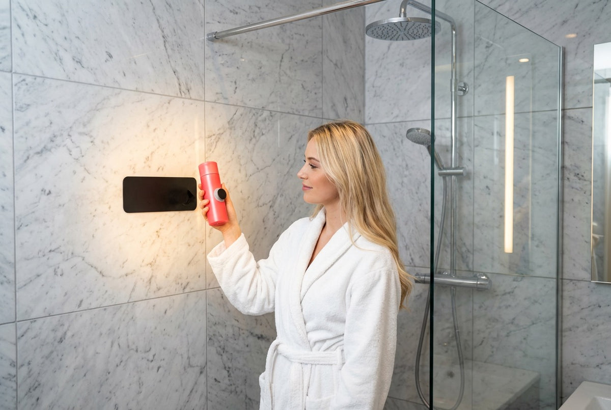 Die magnetische Aufhängung für Duschgel und Shampoo an Wandplatte, Typ MagSpike